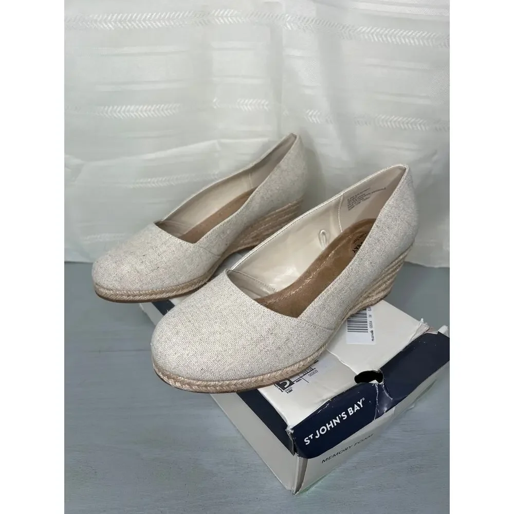 St. John's Bay Botanic Espadrille Wedge Sandals Sand Womens Size 9.5 Wide